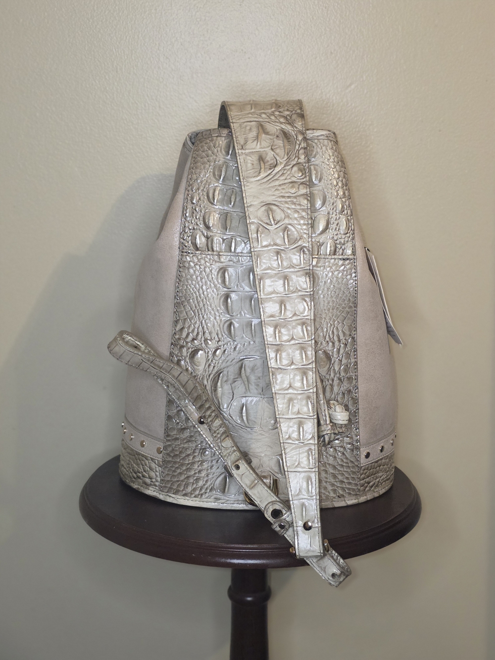 Brahmin Croc-Embossed Leather Backpack in Light Taupe